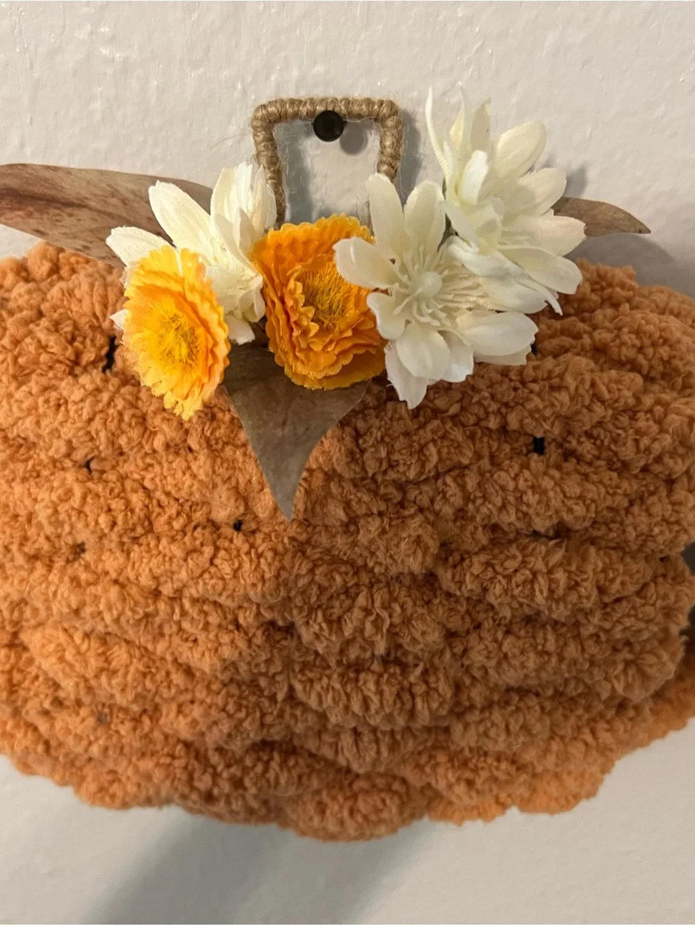 Handcrafted Orange Pom-Pom Pumpkin Wall Accent with Cream and Yellow Flowers